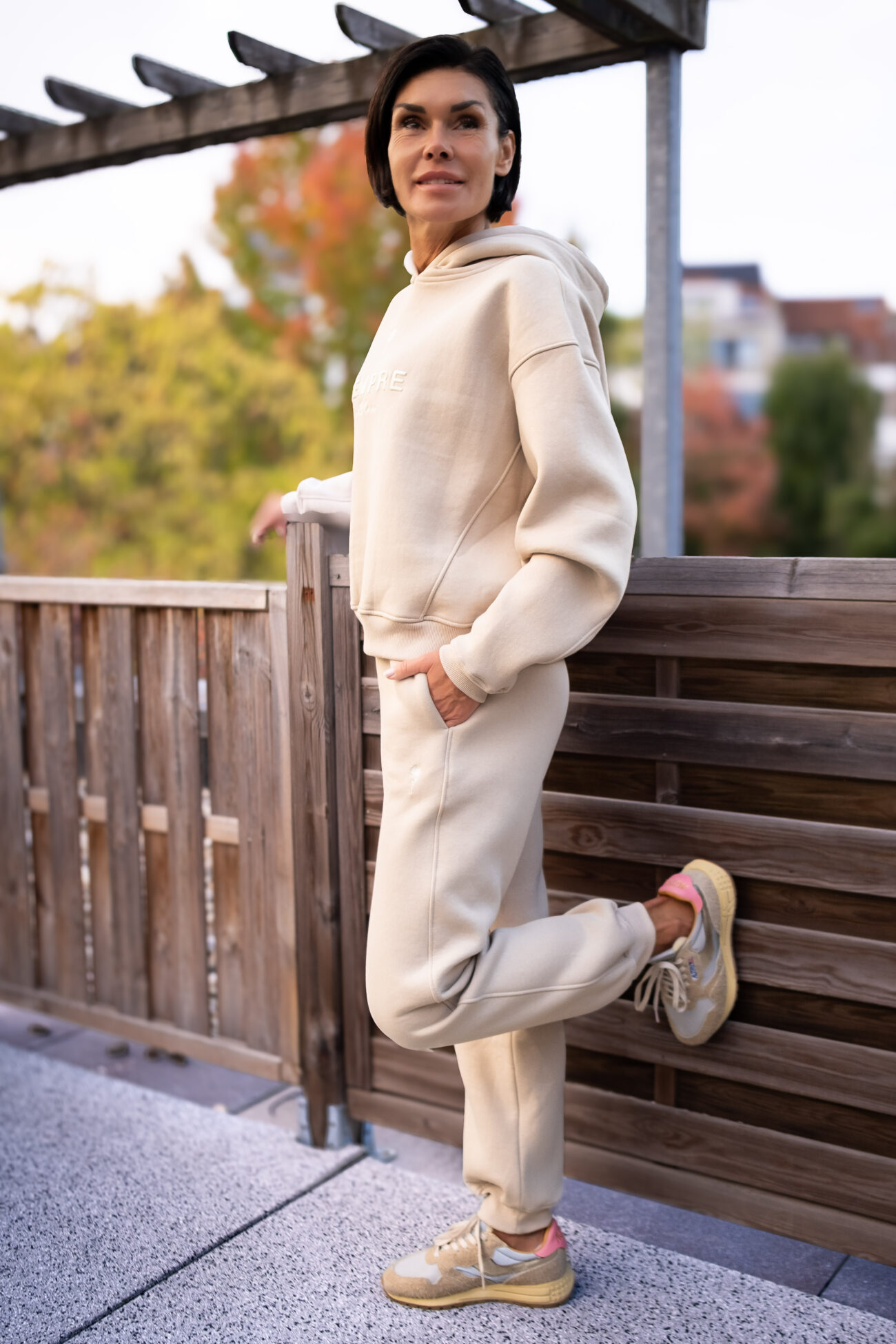 women’s cotton tracksuit with embroidered hoodie beige