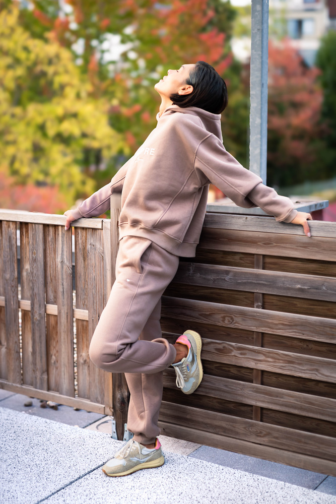 women’s cotton tracksuit with embroidered hoodie coffee