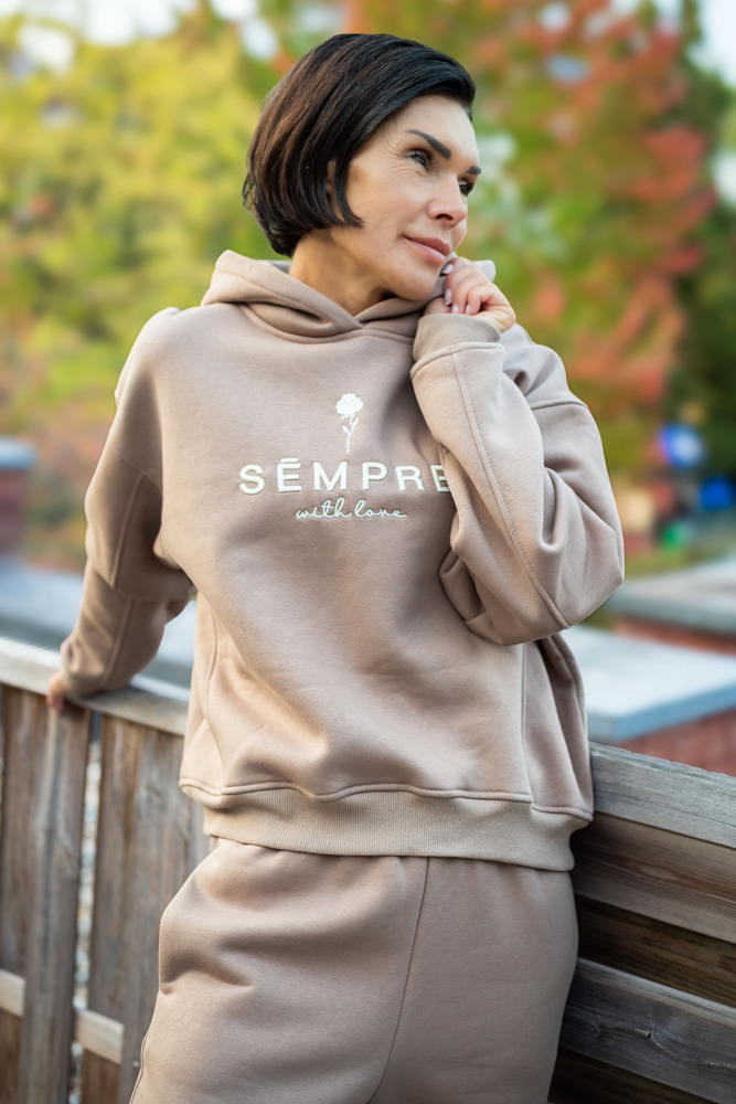 women’s cotton tracksuit with embroidered hoodie coffee front